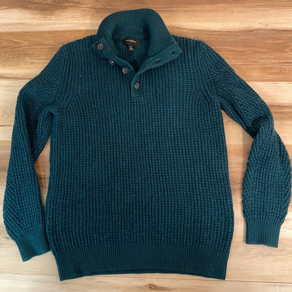 Banana Republic Sweater Mens Medium Green Waffle Knit Button Mock Neck